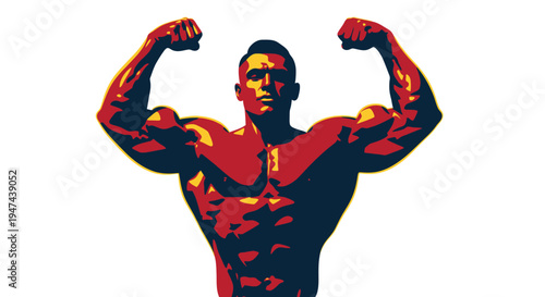 Stylized vector illustration of a powerful bodybuilder flexing biceps in a striking graphic design