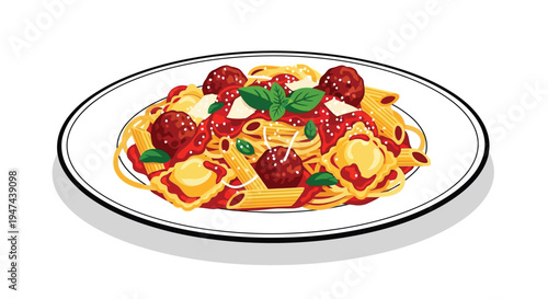Delicious vector graphic illustration of assorted pasta with meatballs sauce and basil garnish on a plate