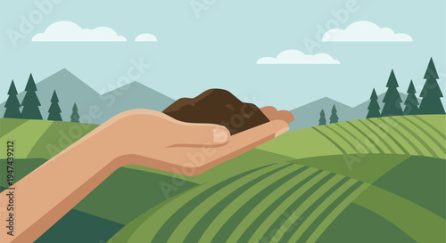 Hand holding fertile soil above green farmland symbolizing agriculture sustainability nature conservation