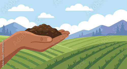 Concept illustration of protecting farmland with a hand holding soil above green crop fields mountains