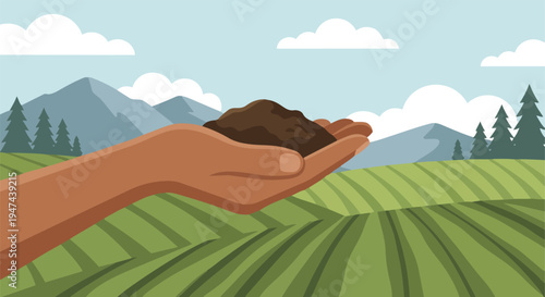 Close view of a hand holding soil above agricultural fields showing care for land farming sustainability organic agriculture