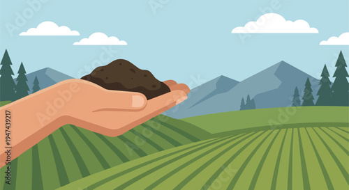Hand supporting fertile soil above farmland landscape representing growth agriculture environment