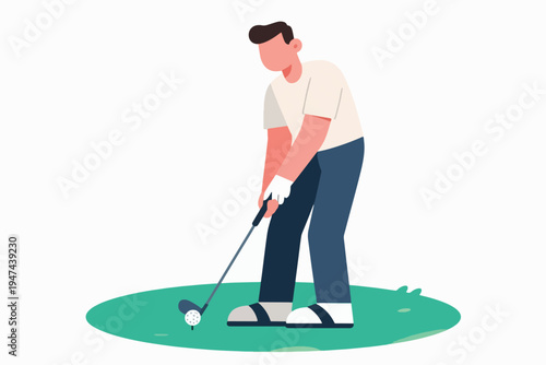 Male golfer in light shirt, dark pants and white shoes preparing to hit ball with club, standing on green grass patch, stylized cartoon vector illustration.