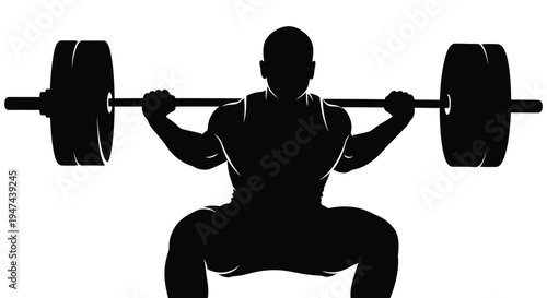 Dynamic vector illustration of a powerful man engaged in a deep barbell squat workout