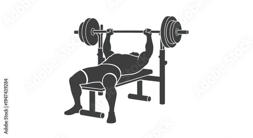 Muscular man performing a heavy barbell bench press workout in this fitness vector graphic design.