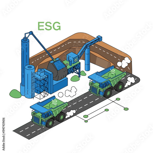Illustration of autonomous mining trucks and industrial equipment in a mine, representing ESG principles in resource extraction.