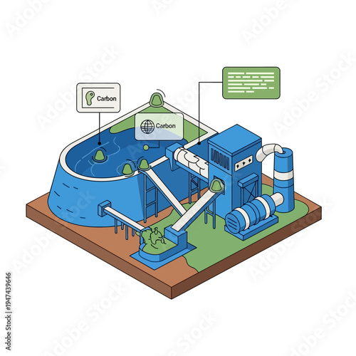 Diagram illustrating a carbon capture and utilization process, showing water treatment, industrial machinery, and environmental considerations.