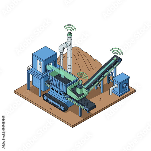 Isometric illustration of an automated industrial crushing and conveyor system with wireless connectivity.