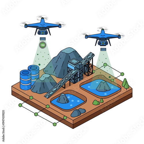 Drones surveying a mining operation, including extraction sites, processing equipment, and data networks, showcasing technological integration in resource management.