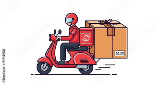 Vector illustration of a quick delivery driver riding a red scooter with a large package for fast service.
