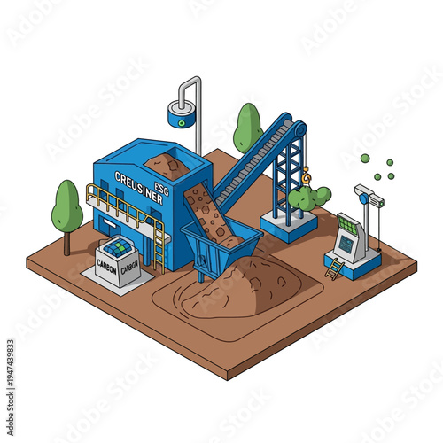 Isometric illustration of a modern composting facility with a conveyor belt, processing organic waste into nutrient-rich soil.