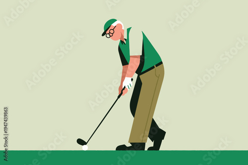 Elderly golfer in green cap and shirt with brown pants preparing to hit ball on grassy course, stylized vector illustration of active senior lifestyle.