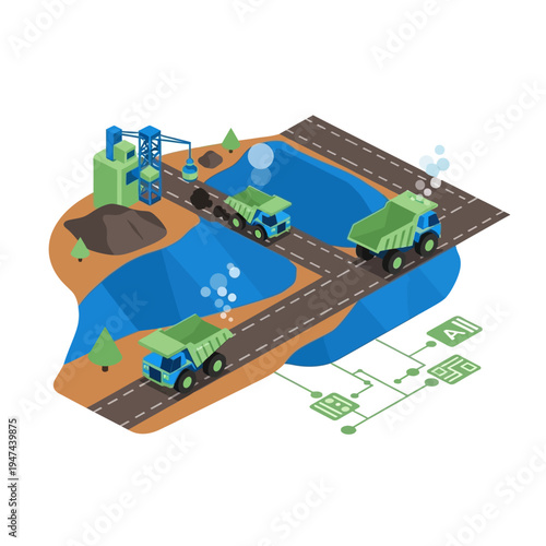 Isometric illustration depicting a modern mining operation with trucks, water bodies, and processing facilities, connected by digital data flow.