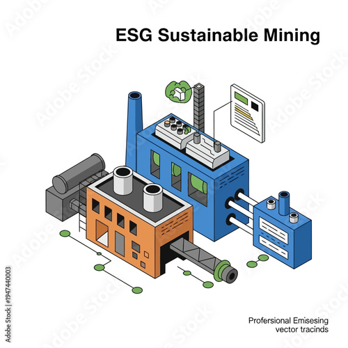 Illustration of an ESG sustainable mining facility with a focus on environmental responsibility and technological integration.