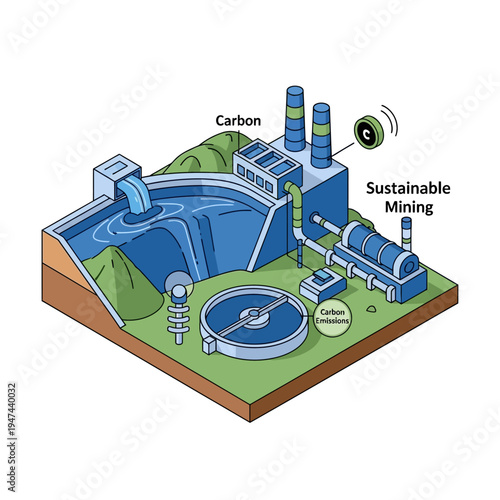 Illustration of a sustainable mining operation powered by hydroelectricity, featuring carbon capture and processing.