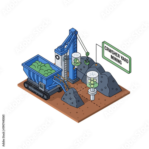 Isometric illustration of a mining operation with a conveyor belt, crane, and dump truck, processing raw materials.