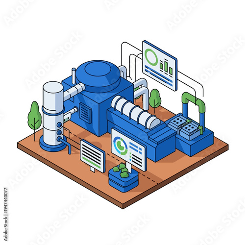 Isometric illustration of a modern industrial facility with advanced machinery and data monitoring systems, showcasing automated production processes and technological integration.