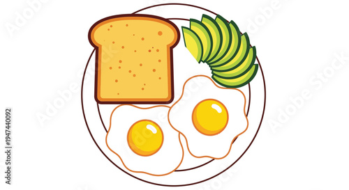 Simple vector graphic illustration of sunny side up eggs toast and sliced avocado on plate