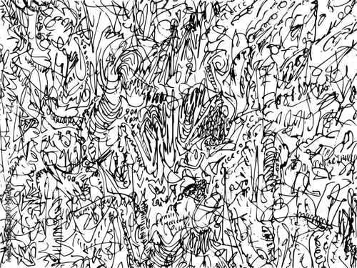 Hand-drawn monochrome pen drawing of organic shapes and intricate lines filling the entire frame