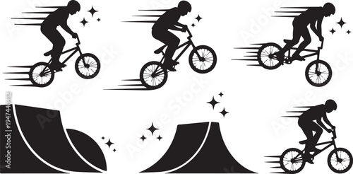 Silhouette of a person riding a bicycle quickly outside