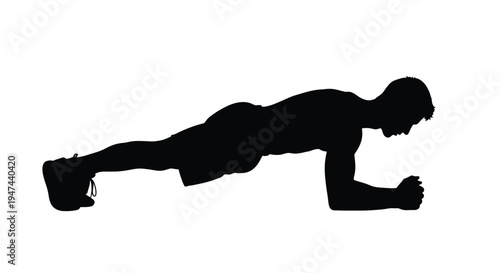 Dynamic vector graphic illustration of a determined man holding a plank position for core strength