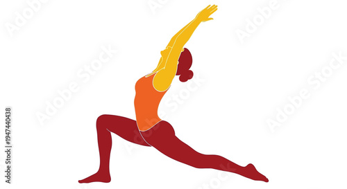 Vibrant vector illustration of a woman gracefully performing a powerful yoga crescent lunge pose