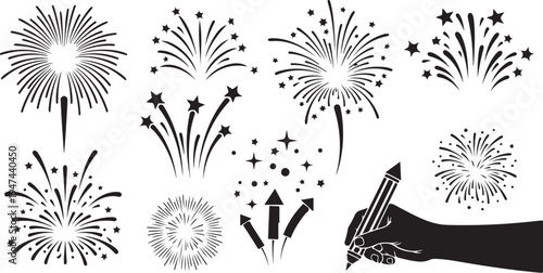 Fireworks illustrations with hand drawing in black and white
