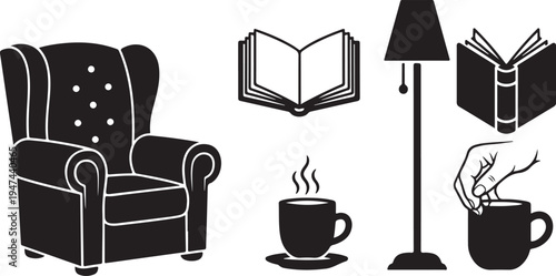 Cozy reading nook with chair, lamp, and steaming cup