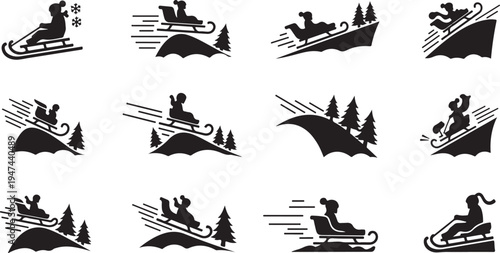 Snowmobilers in action on snowy trails with trees nearby