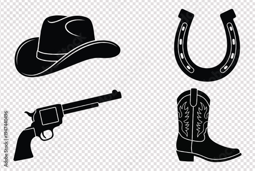 Collection of cow boy themed silhouette icons including hat horseshoe boot and pistol