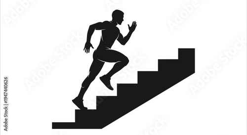 Muscular athlete silhouette running vigorously up a set of solid black stairs vector graphic