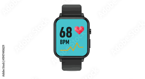 Smartwatch vector graphic displays real time heart rate monitoring indicating sixty eight beats per minute