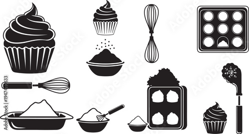 Baking Essentials and Tools for Cupcake Preparation Illustration Set