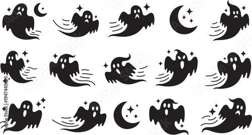 Halloween Ghosts and Moons Silhouette Vector Graphic Illustration Set