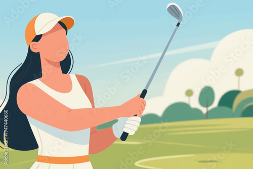 Female golfer in white sleeveless top, skirt with orange waistband and cap swinging club on green course with trees and blue sky, stylized vector illustration.