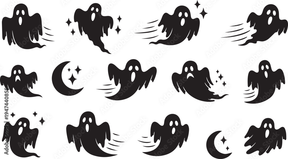 Obraz premium Halloween Ghosts and Moons in Black Silhouette Flying