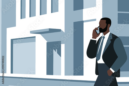 Businessman in dark suit, white shirt and tie walking outdoors in modern city, holding smartphone to ear, contemporary vector illustration of urban professional lifestyle.