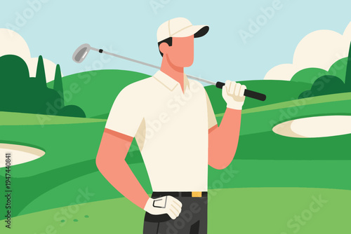 Male golfer in white cap, polo shirt and black pants holding club over shoulder, standing on green course with bunkers and trees under blue sky, stylized vector illustration.