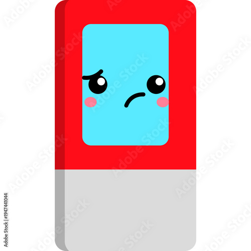 A displeased emoticon face is shown on a red and gray rectangle object