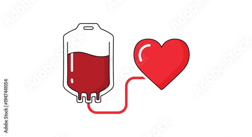 Medical vector graphic showing a blood donation bag infusing a healthy human heart illustration.
