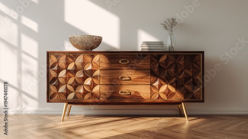 Mid century modern walnut credenza with geometric pattern