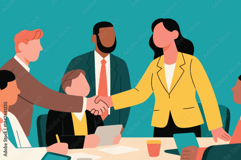 Fototapeta premium Six business professionals in meeting, two shaking hands at table while colleagues review documents and devices, stylized vector illustration of teamwork and collaboration.