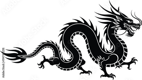 chinese dragon silhouette illustration, oriental dragon symbol, asian mythology creature, traditional dragon design, powerful mythical dragon vector artwork