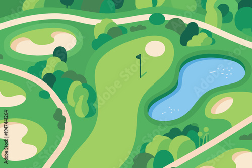 Aerial view of golf course with green, flag, bunkers, pond, fairways and stylized trees, vector illustration of outdoor sport landscape and course design.