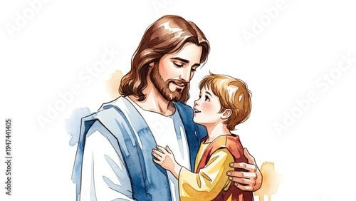 Jesus Christ embracing little boy in warm golden lighting for religious faith and spirituality