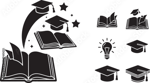Education icons with graduation caps and books illustrations set