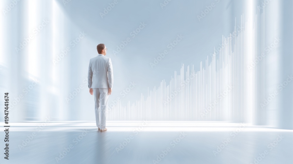 Fototapeta premium Future Business Success Concept with Person in Elegant Suit Looking at Growth Chart in Bright Space