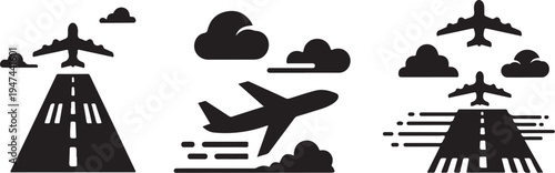 Airplanes Silhouettes Taking Off and Flying in the Sky