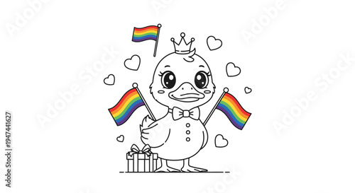 Cute Duckling Celebrating Pride with Flags and Crown.