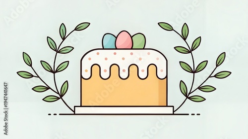 A stylized illustration of a traditional Easter cake with eggs. Paska or Kulich decorated with icing and framed by leafy branches. Spring holiday food concept